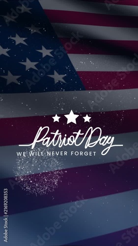 Patriot day text animation in continuous one line style with American flag background. 4k animated typography Suitable for patriotic holiday and solemn events promotion. Portrait orientation.