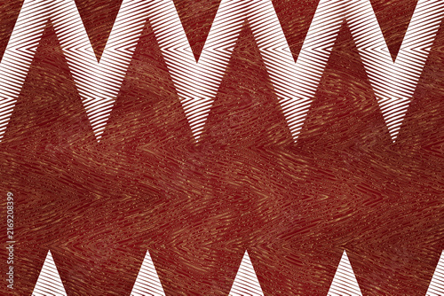 Red Christmas Tree Decoration on Red and Wooden Background, Festive Holiday Ornament with Geometric Triangle Design, Colorful Winter Symbol for Card, Illustration, and Decorative Art