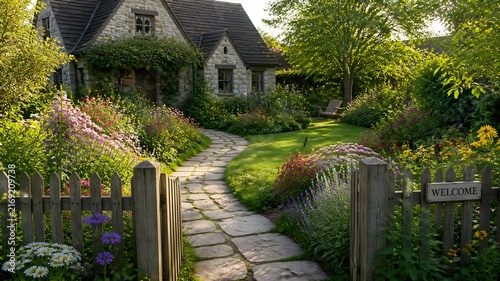 Beautiful cottage garden, colorful flowers, green lawn, wooden fence, charming pathway, warm sunlight, realistic stock photography