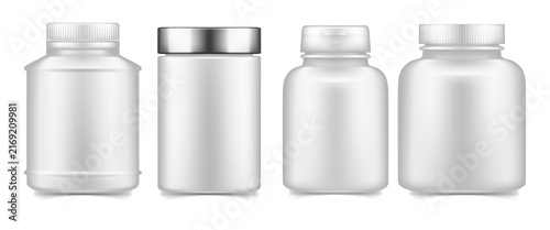фотографія Four white plastic bottles for pills or supplements on transparent background