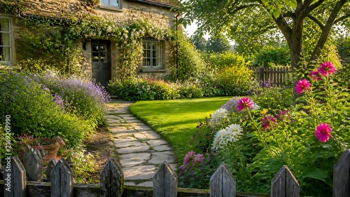 Beautiful cottage garden, colorful flowers, green lawn, wooden fence, charming pathway, warm sunlight, realistic stock photography