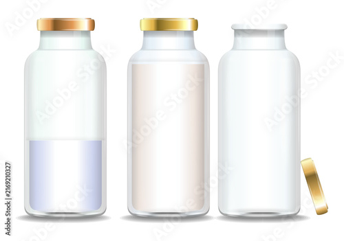Cuadro en lienzo Glass bottles with gold lids on transparent background