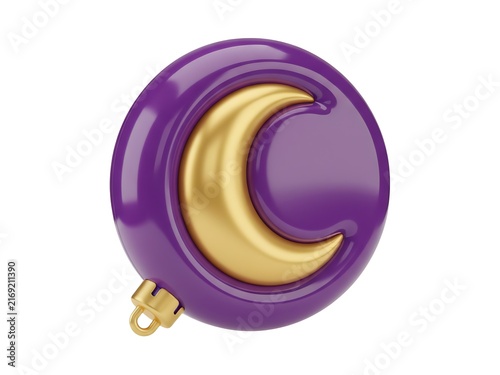 A shiny purple christmas bauble featuring a golden crescent moon design