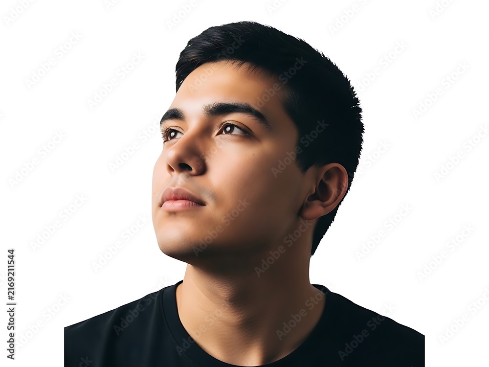 Obraz premium A contemplative young man looking upwards against a clean white background