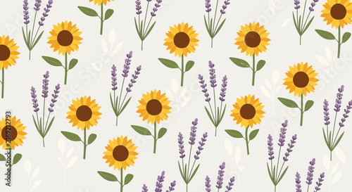 Seamless pattern of sunflowers and lavender flowers, isolated
