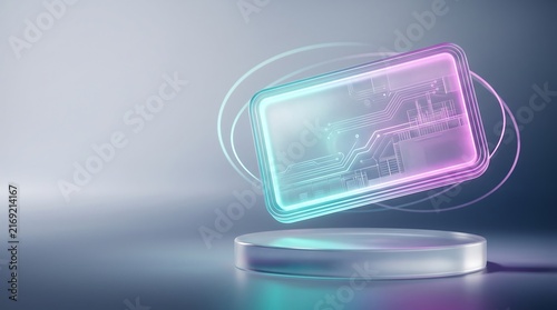 Transparent futuristic payment card with glowing circuit technology