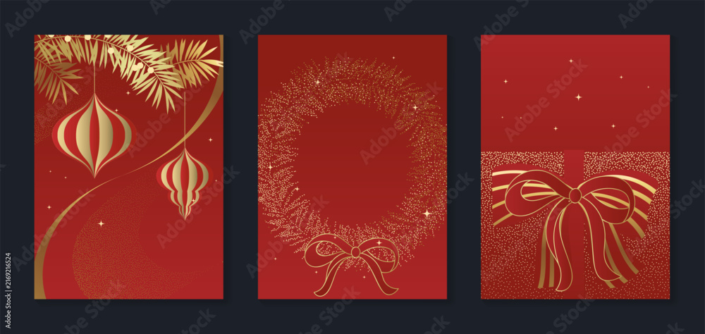 Obraz premium Merry Christmas and Happy New Year background set. Luxury vector templates with golden ornaments, festive wreath, elegant bow and pine branches on rich red backgrounds with space for holiday greetings