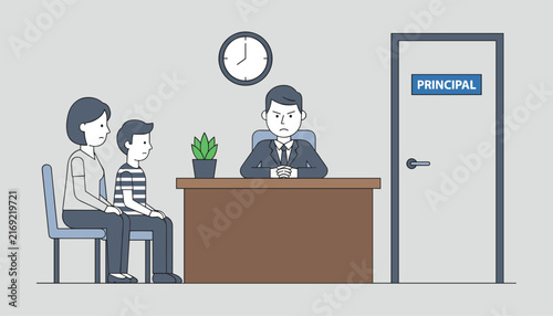Angry school principal speaking with a young student boy and his worried mother sitting in the office classroom.