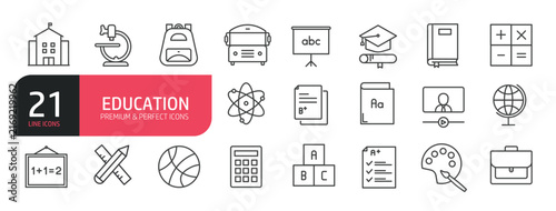 Set of line icons related to education. Outline icons collection. Editable stroke. Vector illustration