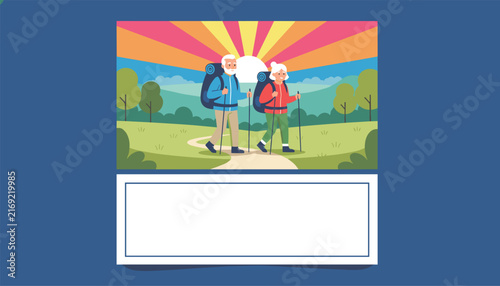 Senior couple hiking in the green mountains with backpacks under colorful sunset rays on a design layout template.