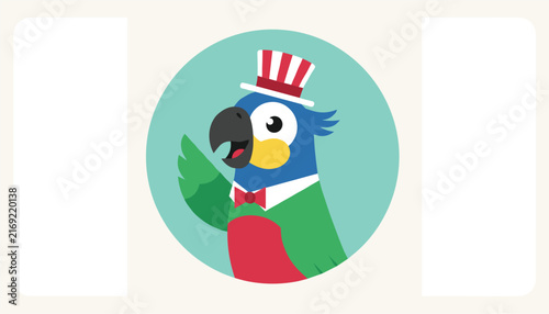 Cute cartoon parrot wearing a red and white striped top hat and a red bow tie inside circular frame background.