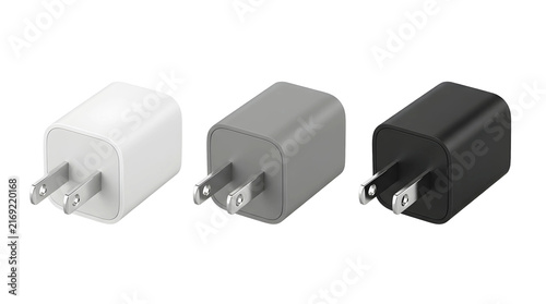 White, gray, and black smartphone USB wall charger power adapters isolated on transparent background.