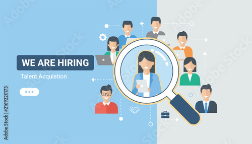 HR recruitment banner showing magnifying glass focusing on business woman candidate under we are hiring concept.