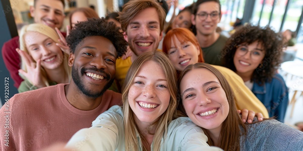 Obraz premium A diverse group of young adults smiling and taking a selfie together, radiating happiness and connection