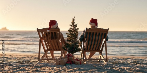 A couple wearing Santa hats relaxing on beach chairs facing the ocean with a small Christmas tree and gifts between them