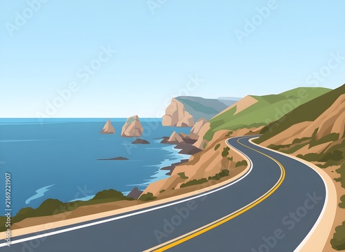 Scenic Coastal Road Along Ocean and Rocky Headlands