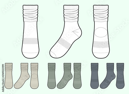 Slouch Socks Vector Technical Flat Sketch Set, Ruched Athletic Crew Sock Design Template, Front, Side and Back View CAD Mockup