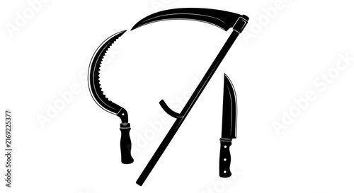 Canvas Print Black silhouettes of scythe sickle and knife on white background with three blac