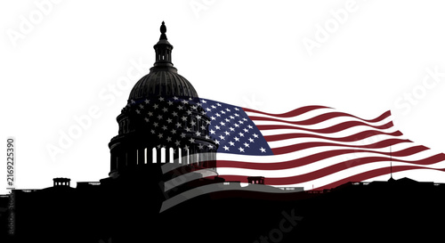 American flag waving in front of us capitol building silhouette with large american government patriotism washington politics national monument