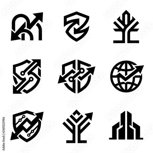 A grid of nine black and white abstract vector icons includes interlocking arrows, shields, a stylized tree, and a globe, all emphasizing growth and connection.