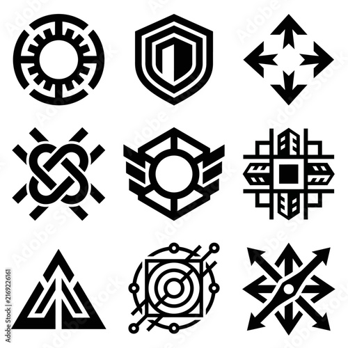 Abstract black and white geometric symbols are presented in a grid, featuring various complex designs with intricate lines and shapes.