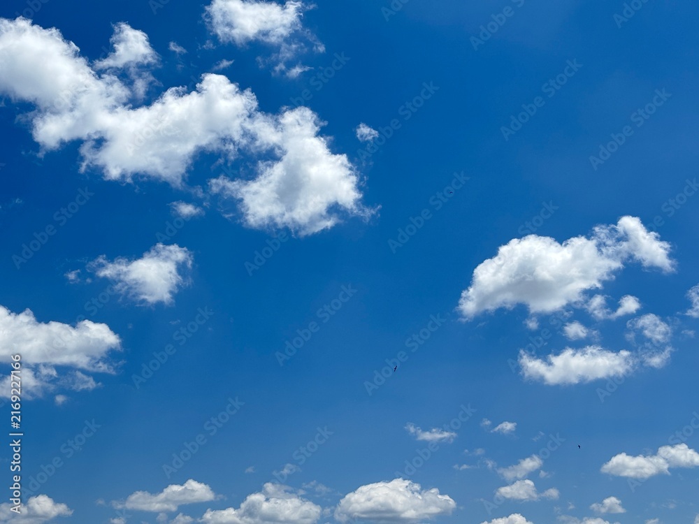 Obraz premium A vibrant horizontal landscape shot of a bright blue sky filled with scattered white cumulus clouds on a clear sunny day