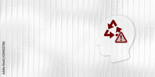 Canvastavla Concept of rumination and mental health issues with a white human head silhouette, red recycling symbol, and warning triangle on a bright striped background
