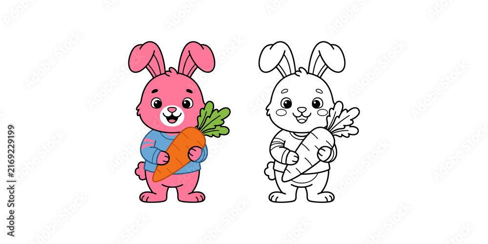 Fototapeta premium Cute cartoon bunny with carrot, full color drawing and black outline, adorable rabbit character design element.