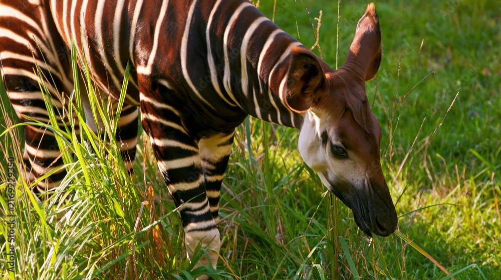 Naklejka premium Okapi Grazing in Tall Green Grass