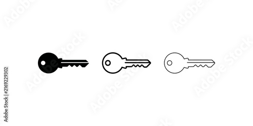 Three black key icon set featuring solid outlined and thin line graphic.