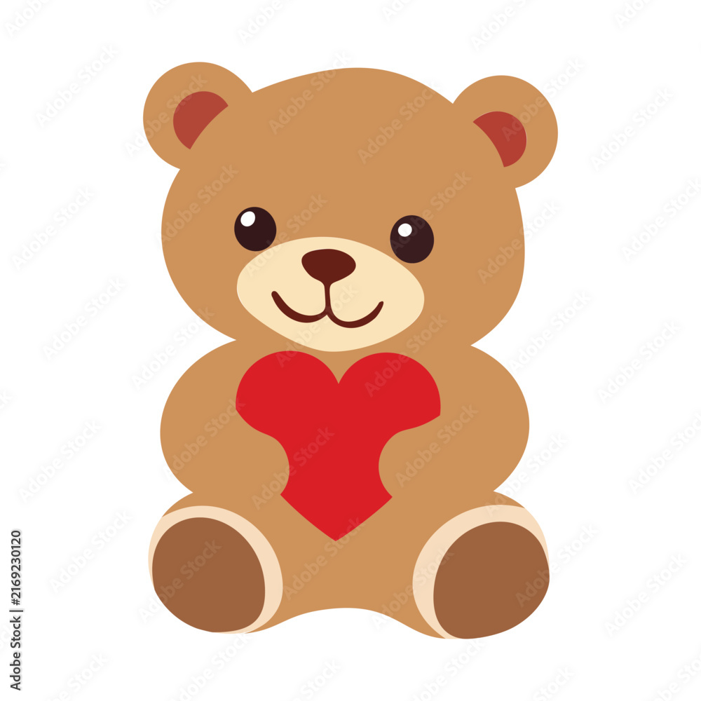 Fototapeta premium Cute brown teddy bear holding a red heart illustration for Valentines Day greeting card