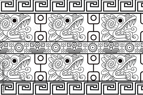 Illustration seamless geometric pattern featuring ethnic Aztec, Mayan, or tribal-inspired motifs in red, orange, and green on a white background.