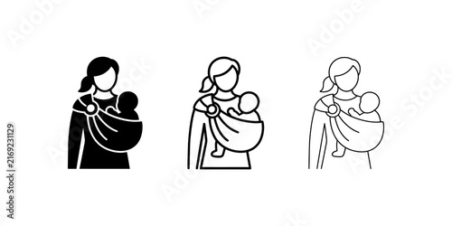 Cuadro en lienzo Mother carrying baby in sling icon set black line art transparent style