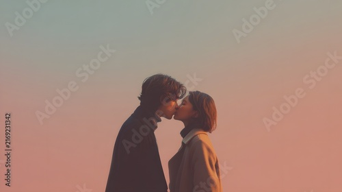 Minimalist Vector Illustration of Romantic Young Couple in Soft Pastel Colors