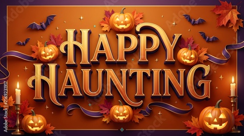 Festive happy haunting text design surrounded by glowing jack o lanterns for a spooky halloween celebration background
