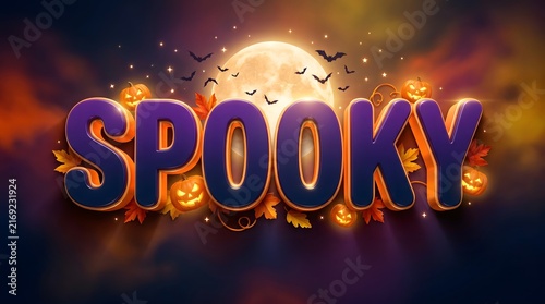 A festive 3d illustration featuring the word spooky with glowing pumpkins and a full moon for halloween night