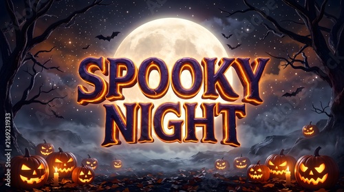 Spooky night text design featuring glowing jack o lanterns and a full moon for a festive halloween celebration