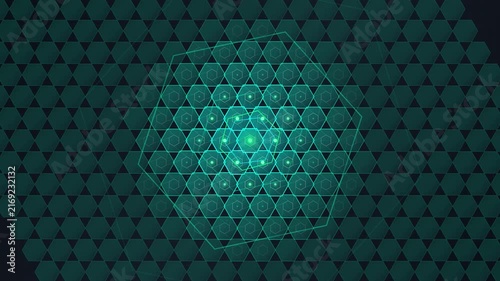 Glowing green hexagon tunnel digital animation background loop