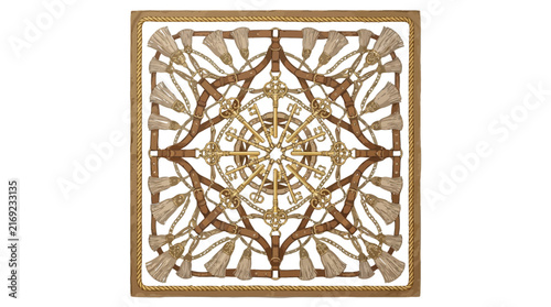 Elegant silk scarf featuring intricate golden keys leather belts and decorative tassels in classic square shape