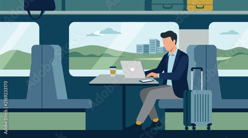 Businessman working on laptop during train travel with luggage and cityscape view