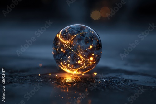 Glowing Orb with Fiery Core on Dark Textured Surface with Bokeh Background