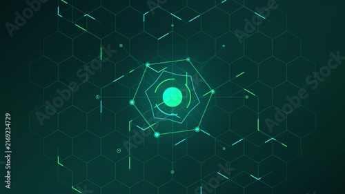 Futuristic Technology Background with Rotating Green Hexagon and Glowing Data Nodes