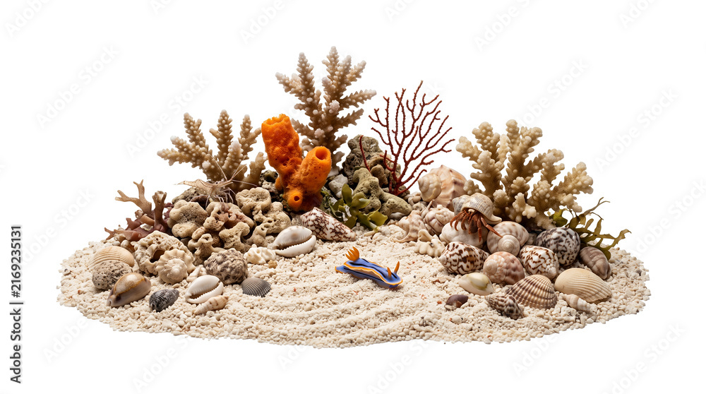 Obraz premium Reef shell garden, pale sandy base scattered with naturally arranged seashells, small branching coral, sea sponge and sea fan