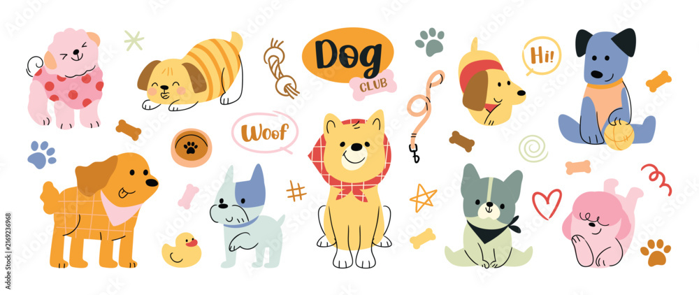Obraz premium Cute dog sticker vector. Lovely dog doodle pattern in different poses and breeds. Adorable funny pet and many characters hand drawn collection for T-shirt, sticker, print, pet shop.
