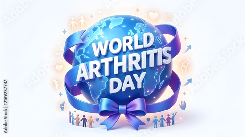 World arthritis day concept banner with blue globe and ribbon