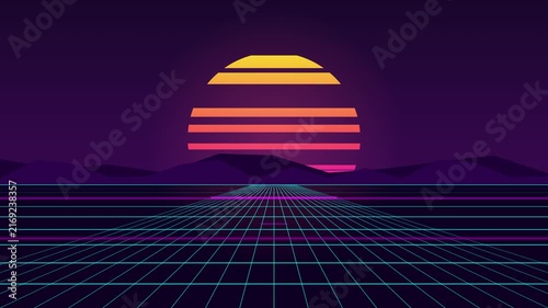Retrowave grid landscape animation with glowing sunset and mountains
