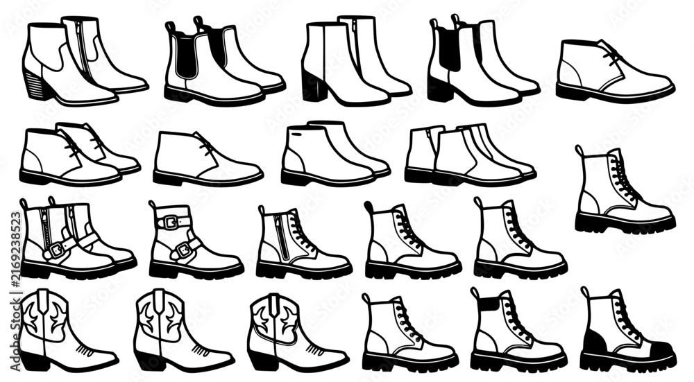Obraz premium Diverse collection of winter and fashion boots including chelsea boots desert boots combat boots and western style footwear in black and white line art for seasonal retail and fashion design projects