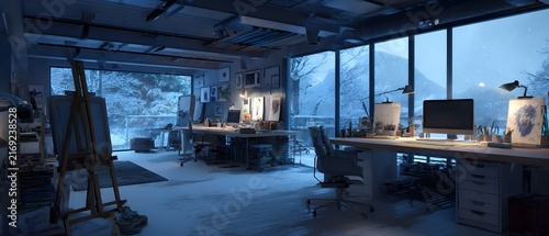 Modern Industrial Office Studio with Panoramic Views of Snowy Forest
