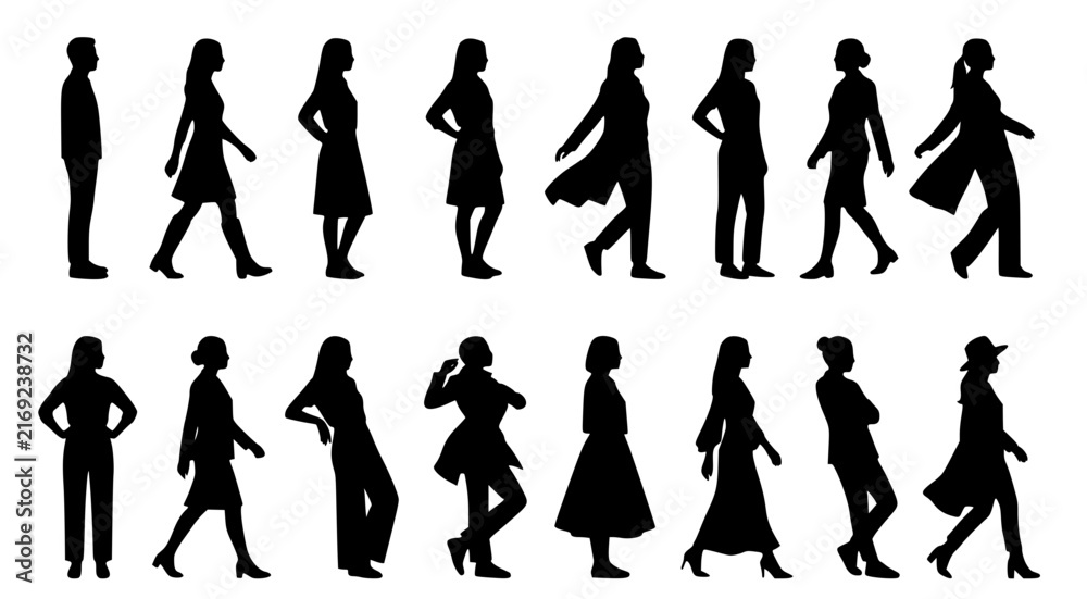 Fototapeta premium Full body human silhouettes collection representing diverse standing and walking poses in a clean black and white vector style for fashion runway planning and architectural visualization layouts