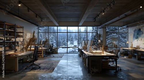 Modern Industrial Office Studio with Panoramic Views of Snowy Forest